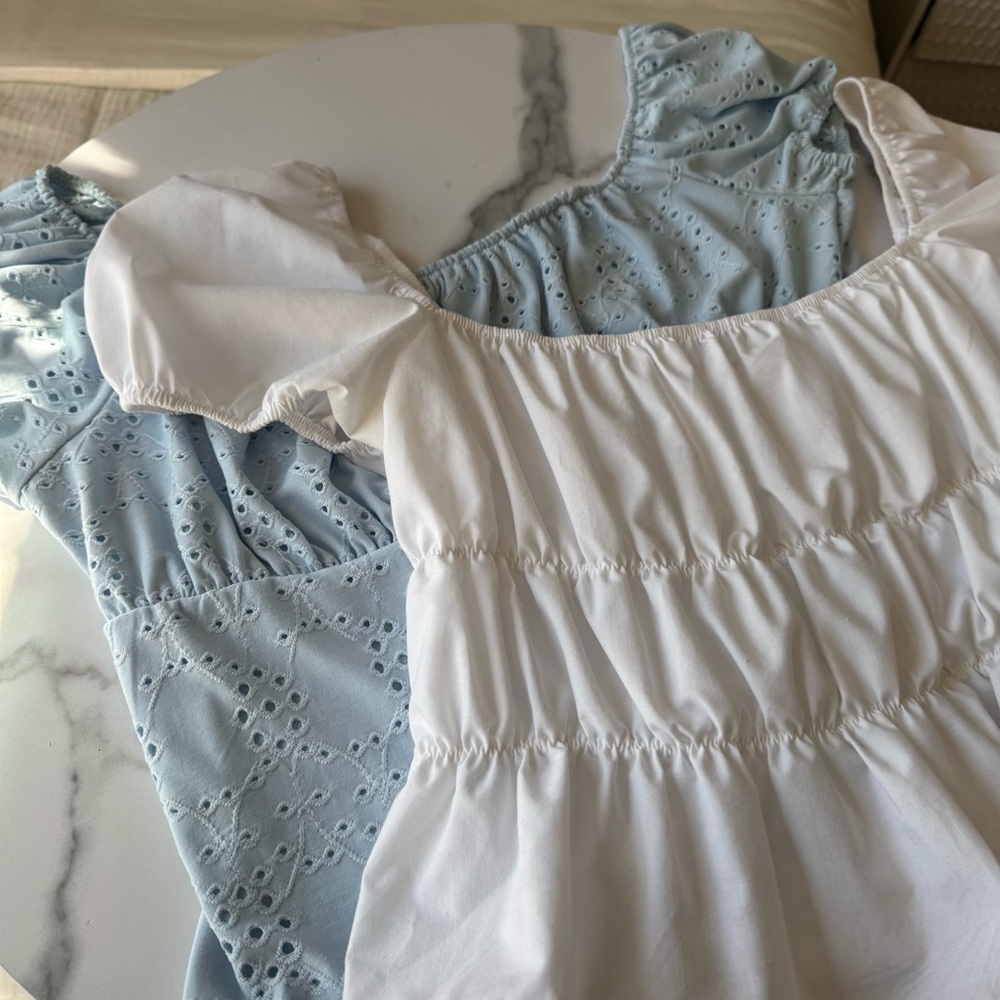 White and Light Blue Eyelet Blouses